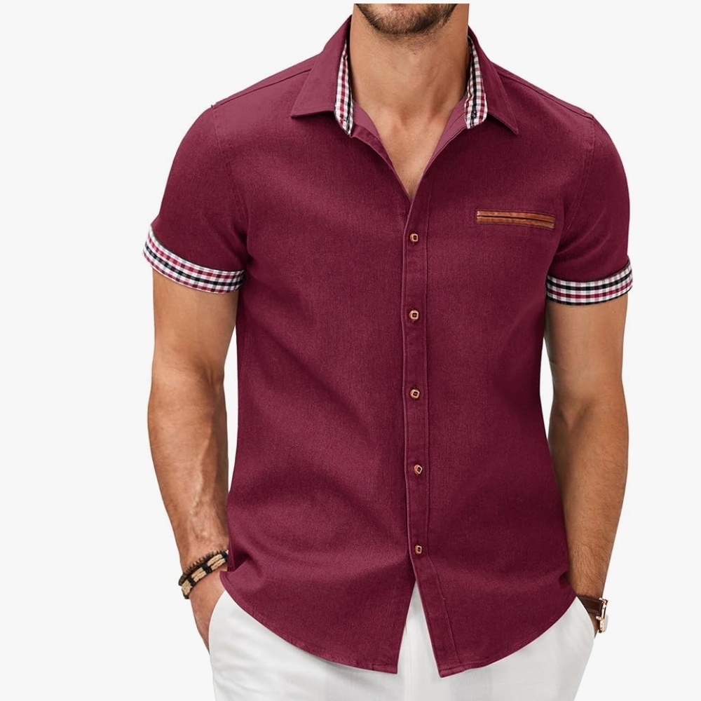 Men’s Casual Short-Sleeve Denim Button-Down Shirt – Plaid Collar, Size L, New wi